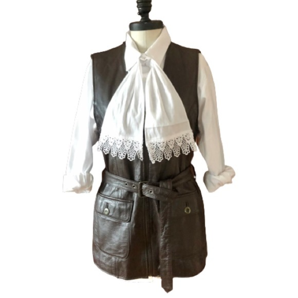 Brown Leather Vest Belted Riding Longline Safari Sleeveless Otello Pelle Small - Picture 14 of 16